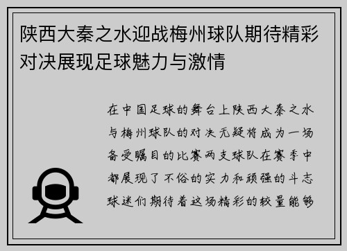 陕西大秦之水迎战梅州球队期待精彩对决展现足球魅力与激情